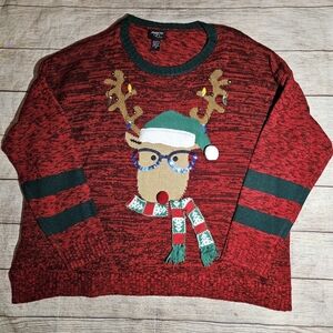 Hooked Up Red Reindeer Wearing Sequins Glasses Ugly Christmas Holiday Sweater